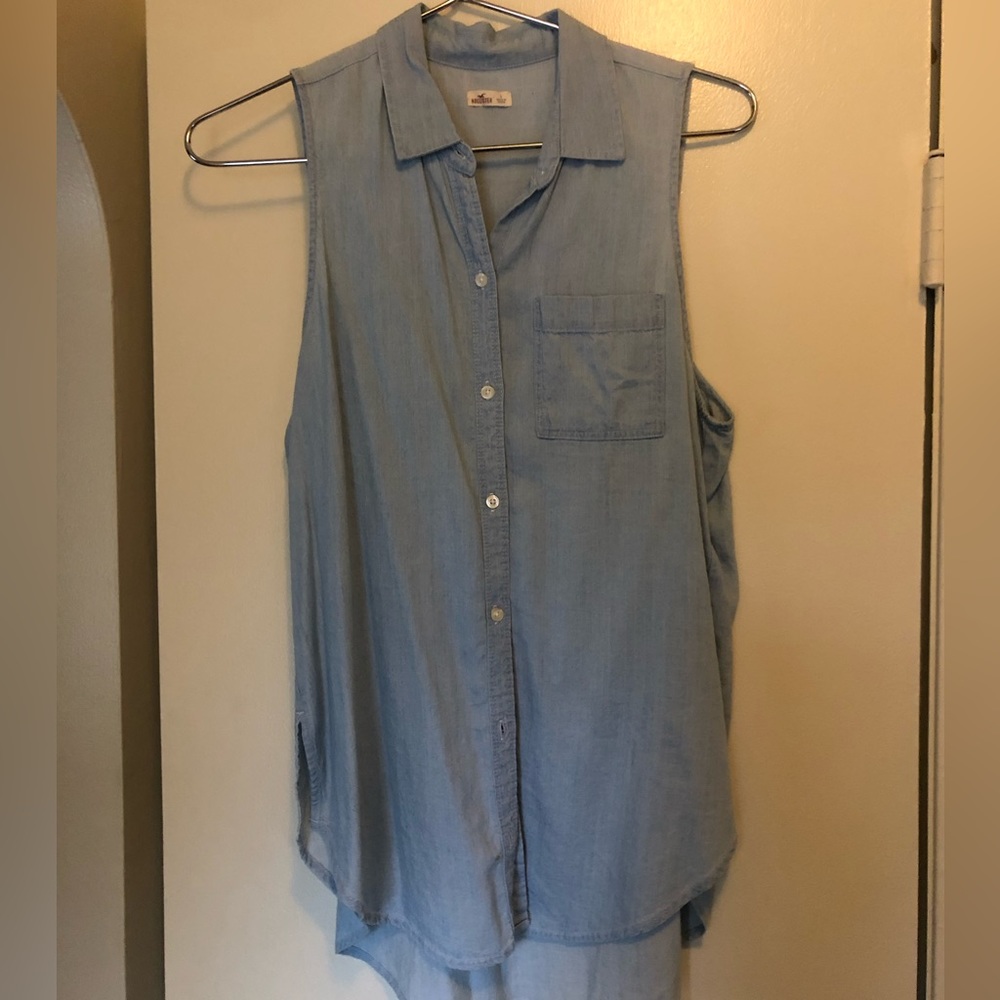 Blue button up sleeveless shirt
